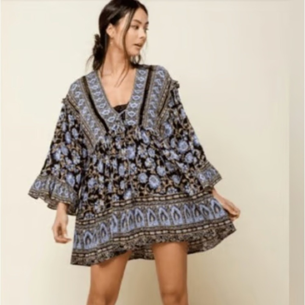 Free People Moonlight Dance Floral Boho Tunic Small Blue Black Bell Crochet